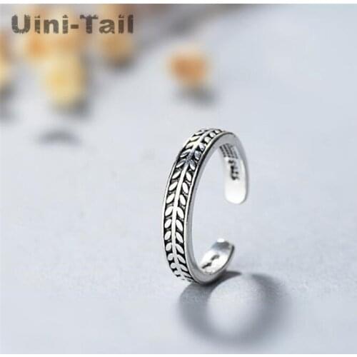 Uini-Tail hot new 925 sterling silver personality temperament leaves open ring fashion retro olive leaf ring creative ED257