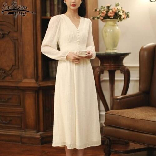 Evening Dress Woman Wedding Puff Long Sleeve V-neck Chiffon Dress with Button French Retro Dress Elegant Woman Party Dress 13231