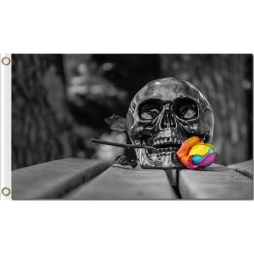 Dark death skull head colorful rose printed polyester flags 3x5ft