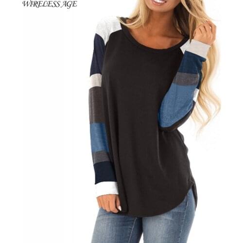 WIRELESS AGE T Shirt Women Long Sleeve Round Neck Lattice Splicing Printed Loose Casual Womens Tops New Summer Fashion Wild