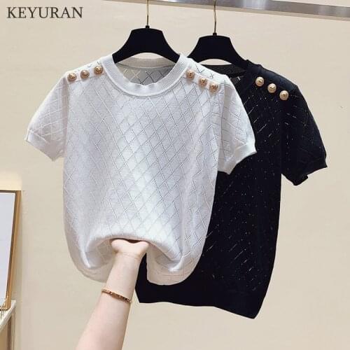Summer Knitted Pullovers for Women O Neck Hollow Out Short Sleeve Ice Silk Lion Button Solid Knitted Tops White Black