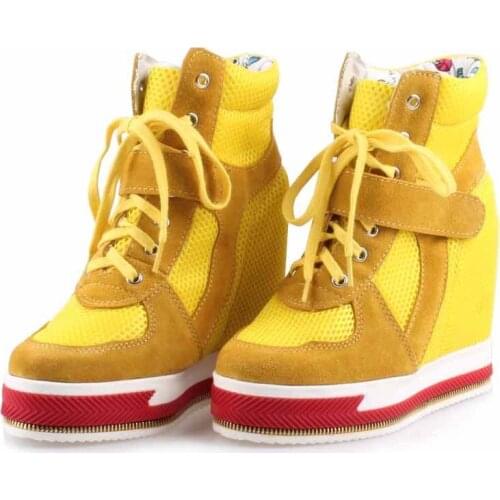 2017 new comfortable mesh net breathable women casual shoes platform elevator high top wedges female boots height increasing