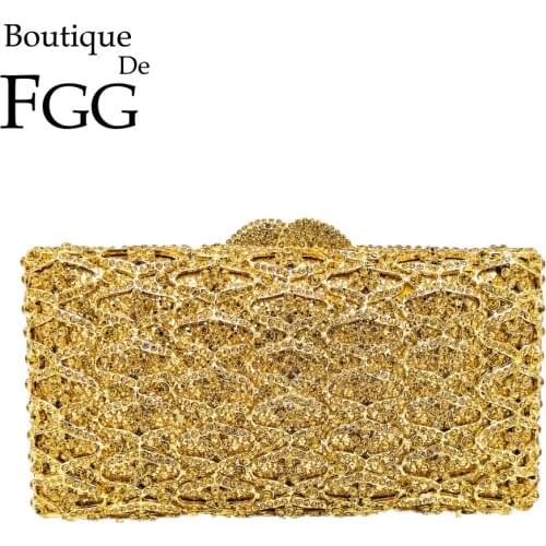 Boutique De FGG Hollow Out Women Gold Evening Bags Crystal Clutch Handbags and Purses Wedding Gala Dinner Ladies Minaudiere Bag