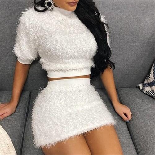 Imcute 2 Pieces Set Women Autumn Winter Warm Streetwear Short Sleeve Pullover T-shirt Crop Tops High Waist Short Skirts Outfits