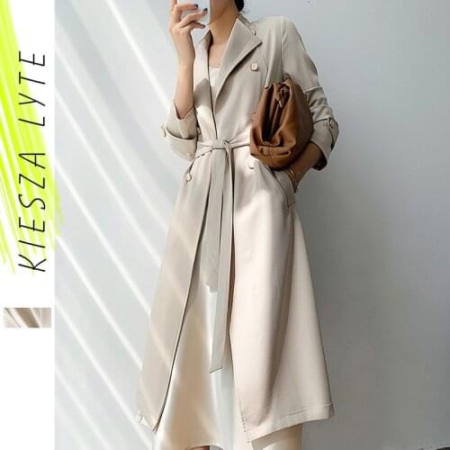 Kiesza Lyte 2021 New Spring Autumn Long Women Trench Coat Fashion Beige Satin Overcoat Ladies Windbreaker High Quarlity