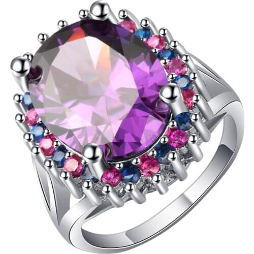 Female Purple Oval Ring Fashion White Gold-color Filled Jewelry Vintage Wedding Rings For Women luxury Birthstone Gifts