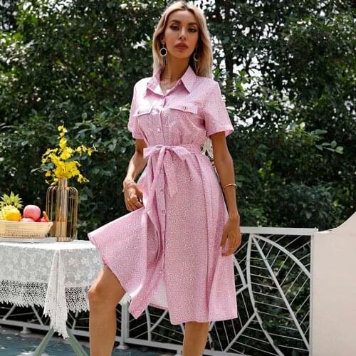 Summer Short Sleeve Print Turn Down Collar Single Breasted Sashes Dress Women Casual Ladies Streetwear Loose Party Mid Dresses