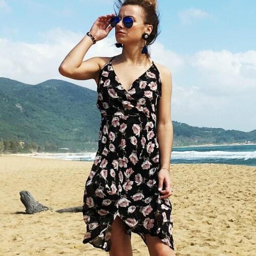 Sexy V Neck Spaghetti Strap Floral Dress Elegant Sleeveless Backless Midi Women Summer Beach Dresses High Waist Female Vestidos