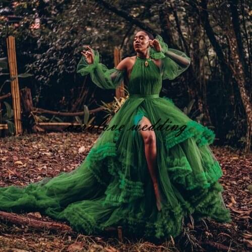 Robe de mariée Halter Neck Green Prom Dress A Line Ruffles Tulle Lace Applique Dubai Arabic Long Occasion Evening Wear Gowns
