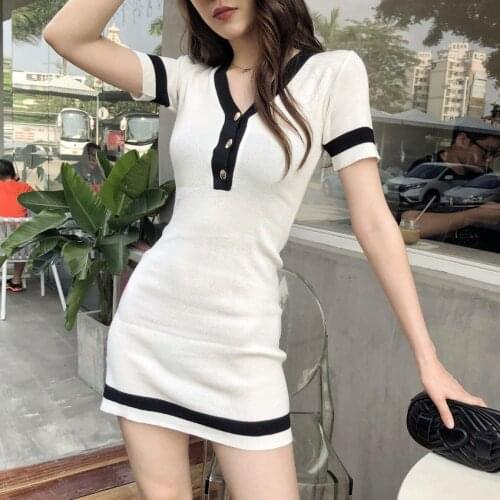2020 summer new slim v-neck single-breasted skirt short contrast knit short sleeve hip dress womens clothing