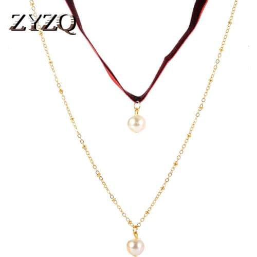 ZYZQ Double Layer Imitation Pearls Choker Necklace For Women Red Blue Pendants Necklaces Charms Jewellery Collier Femme