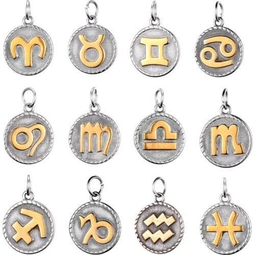 12Pcs/lot 100% Stainless Steel Gold Color Zodiac Charm For Jewelry Making Metal Twelve Constellations Charm Pendant Nacklace
