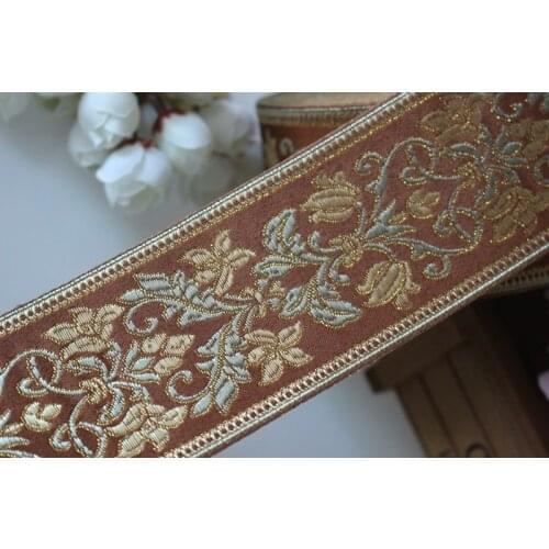5yards/lot wide 6cm Woven Jacquard Ribbon brown background gold flowers pattern curtain and clothing accessory LS-4000