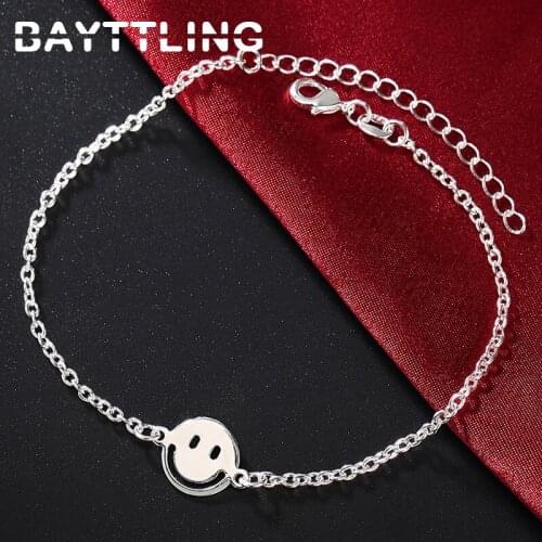 BAYTTLING 925 Sterling Silver 8Inch Box Chain Fine Smiley Face Pendant Bracelet For Woman Man Fashion Wedding Jewelry Party Gift