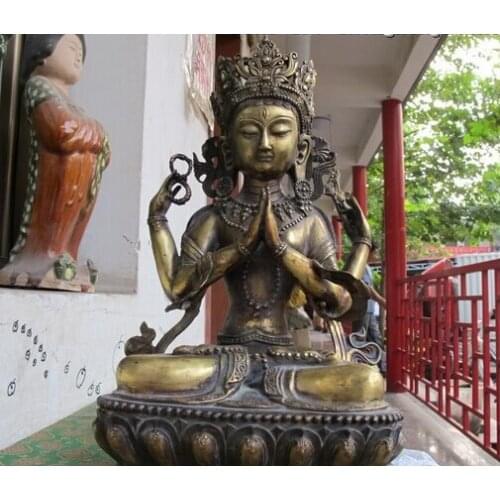 Bi002075 Tibet Folk Temple Bronze Gild Four hands Kwan-yin Bodhisattva Buddha Statue