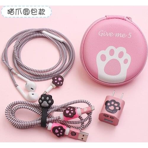 Big Round Earphone Bag USB Earphone Protector Set With Charger Stickers Spiral Cable Protector For iphone 5 6 7 8 Cable Winder