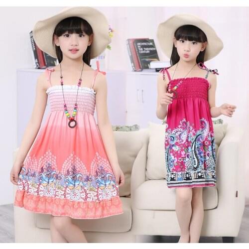 3-14Y Childrens flower european dress girls bohemian summer beach dress infant baby floral dresses with necklace for summer