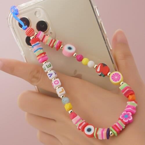 Fine LOVE Square Letter Long Lanyard Mobile Phone Soft Pottery Fruit Evil Eye Flower Lemon Flower Bead Short Mobile Phone Chain