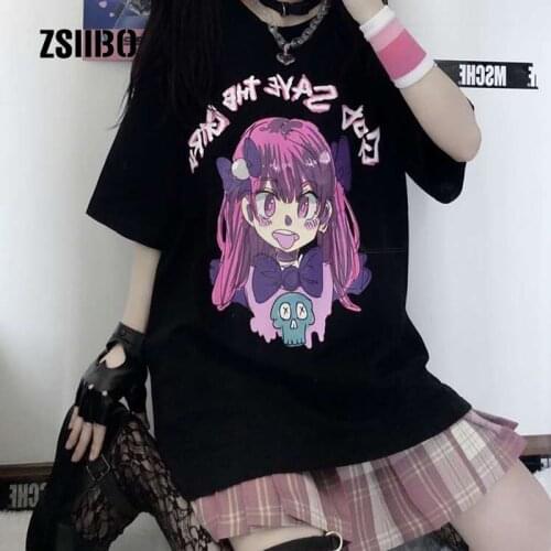 Japanese Summer Gothic Style cartoon print tops Vintage Kawaii clothes Women Harajuku Tees O-neck ins Short Sleeve T-shirts