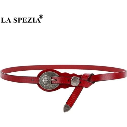 LA SPEZIA Red Belts for Women Vintage Cowskin Waist Belt Real Leather Rivet High Quality Brand Women Belt 105cm 110cm 115cm