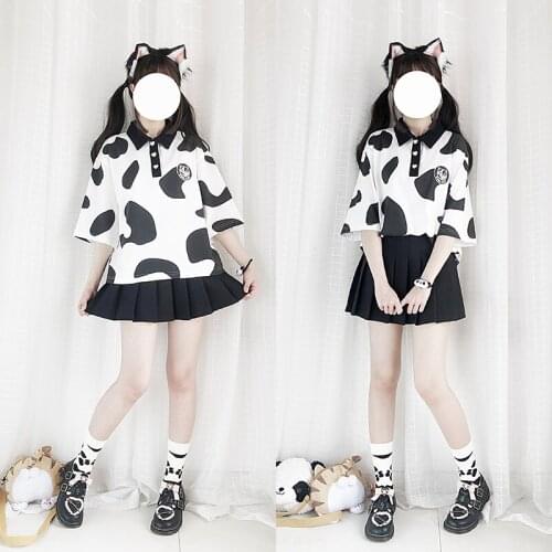 Summer Casual Heart Button Femme T-shirts Ulzzang Cat Cow Print Turn Down Collar Tops Women Harajuku Kawaii Graphic Tee Shirt