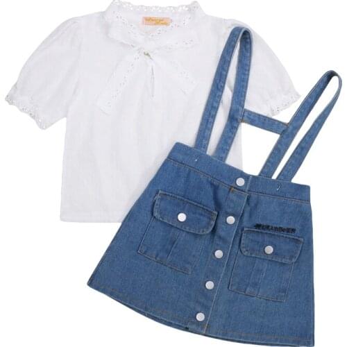 Summer Kids Girls Suit Set Children Lace Trim Stand Collar Elbow Sleeve Shirt+ Suspender Skirt for Outfits 2-10 Years