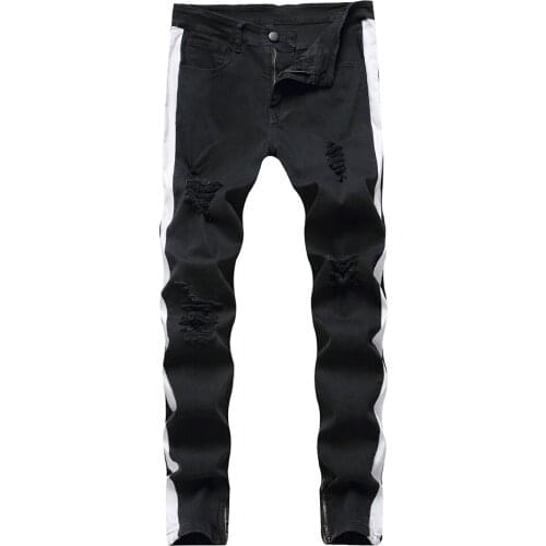 Mens White Lines Patchwork Stretch Denim Jeans Streetwear Zipper Holes Ripped Pants Slim Trousers