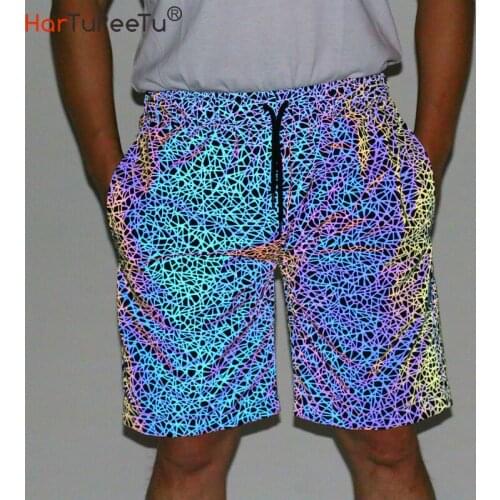 Knee Length Men Shorts Reflective Colourful Bird Nest Print Jogger Male Hot Summer Shorts Night Run Dance Party with Mesh Lining