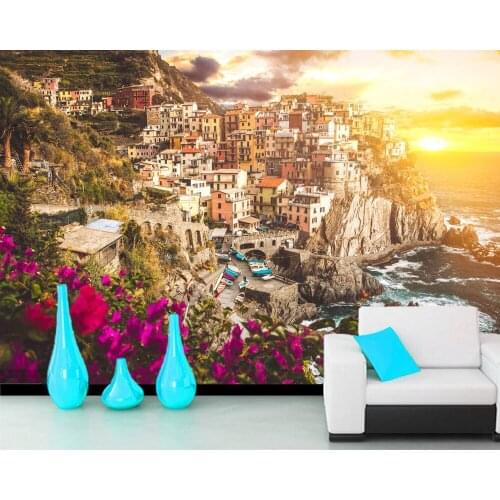 Papel de parede Village buildings in the sunset flower landscape 3d wallpaper,living room bedroom wall papers home decor mural