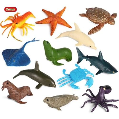 Oenux Small Size Ocean Model Shark Crab Turtle Starfish Dolphin Sea Life Animal Action Figures PVC Educational Toy For Kids Gift