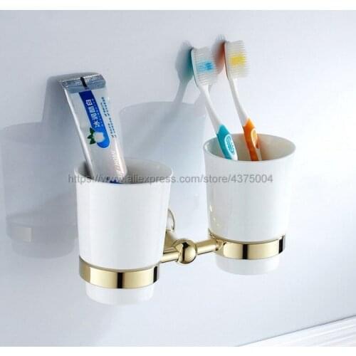 Luxury Gold Color Brass Toothbrush Holder Bathroom Accessories Toothbrush Holder Ceramic Cup Wall Mount Nba880