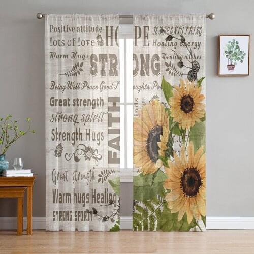 Sunflower Text Wood Board Texture Sheer Curtains for Living Room Bedroom Kitchen Chiffon Tulle Curtains Home Hotel Coffee Decor