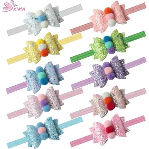 XIMA 10pcs/lot 3inch Glitter Hair Bows Princess Pompom Bows Hairband Children Party Headband Girls Hair Accessories