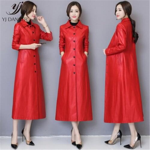 Long Leather Jacket Coat Female 2019 Spring Autumn Fashion New Slim Imitation Sheep Leather Windbreaker Large Size Coat Tide