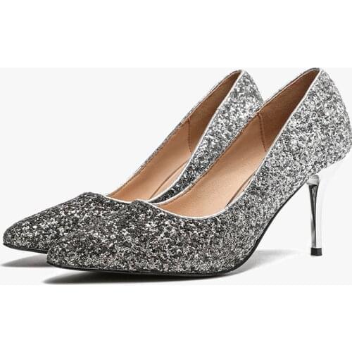 Women Sandals Women High Heels Sandals Summer Shoes Sequined Cloth Slip On 8CM Thin High Heels Pointed Toe Shallow Cover Heel