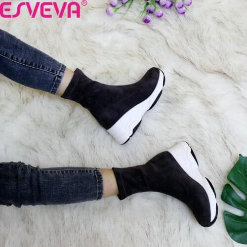 ESVEVA 2021 Wedges Women Ankle Boots Elastic Flock Autumn Winter Slip on Women Shoes Platform Fashion Short Boots Size 34-43