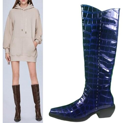 Large size mid-heel stone print leather knight boots celebrity woman chunky heel knee-length high-tube long boots real photos