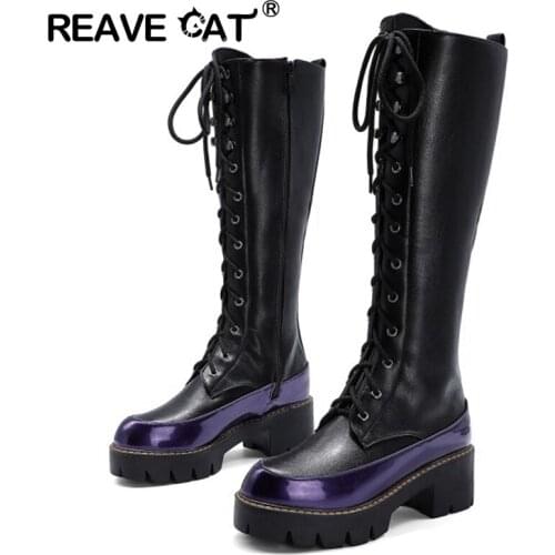 REAVE CAT Sexy High Boots Knee-high Pu Boots High Heels For Women Fashion Shoes Square Heel Boots Female Booties Zip Cross tied