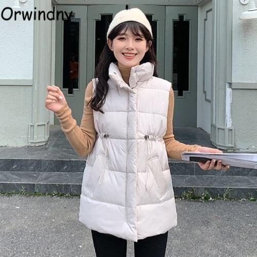 Orwindny Winter Warm Vest Jacket Women 2021 Slim Fashion Drawstring Waistcoat Mandarin Collar Solid Sleeveless Coat Snow Wear