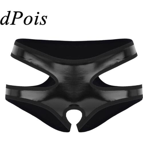 Women Underwear Lingerie Wetlook Leather Crotchless Low Rise Mini Briefs Side Cut Out Double Strapped Open Crotch Sissy Panties