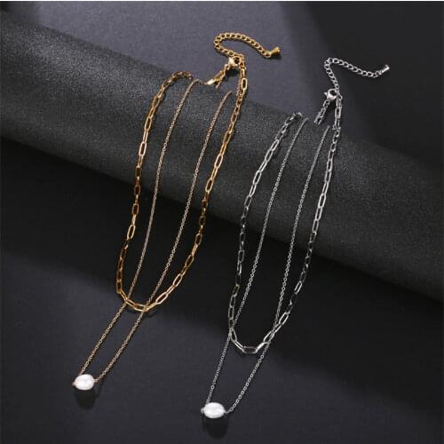 Simple Double Layer Irregular Chain Necklace Retro Fashion Paper Clip Freshwater Pearl Stainless Steel Clavicle Necklace women