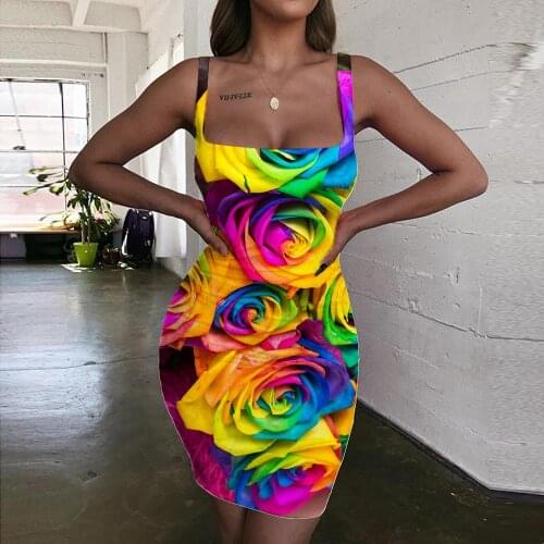 Giyu Brand Colorful Dress Women Flowers 3d Print Creativity Halter Sleeveless Art Vestido Sexy Womens Clothing Club Vintage