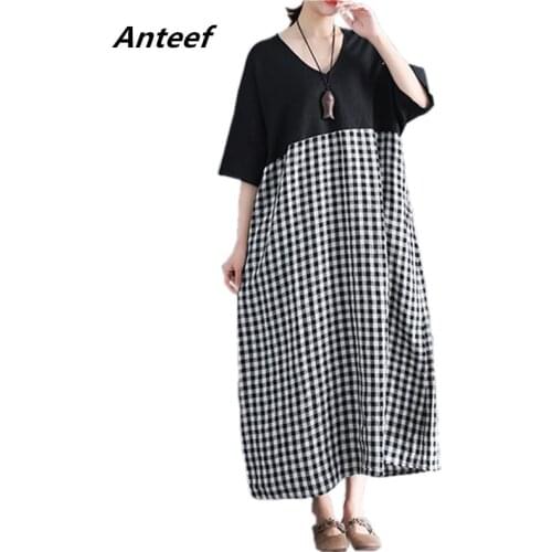 Short sleeve cotton linen vintage plaid plus size women casual loose long summer dress elegant clothes 2021 ladies dresses