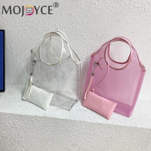 2 Pcs Portable Large Capacity Shopping Zipper Handbag Women Fashion PVC Transparent Tassel Shoulder Underarm Pouch Composite Bag