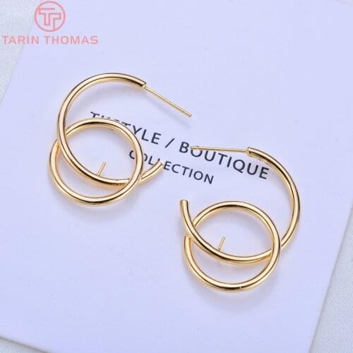 6PCS 30MM 24K Gold Color Brass Round with Small Circle Stud Earrings High Quality Diy Jewelry Findings Accessories