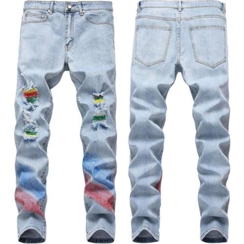 Denim Trousers Spring Streetwear Pencil Pants Vintage Print Ripped Skinny Jeans For Men