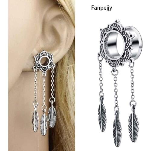 Fanpeijy Dangle Copper Flower Flared Stainless Steel Flesh Tunnel 2pcs Body Jewelry Piercing Earring Stretcher Expander Ear Plug