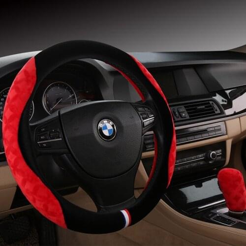 KKYSYELVA Pink Car steering wheel cover Winter Handbrake Gear Shift Cover Plush Auto Steering wheels Interior Accessories