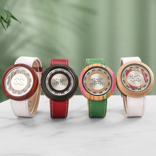 Creative Wooden Watch LED Display Dial Watches Leather Strap Wristwatch Colorful Bamboo with Instruction Best Gifts
