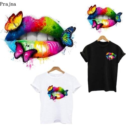 Prajna Sexy Lips Butterfly Patches Iron On Transfers Vynil Heat Transfer Stripes Thermal Stickers On Clothes Girl T-shirt Decor